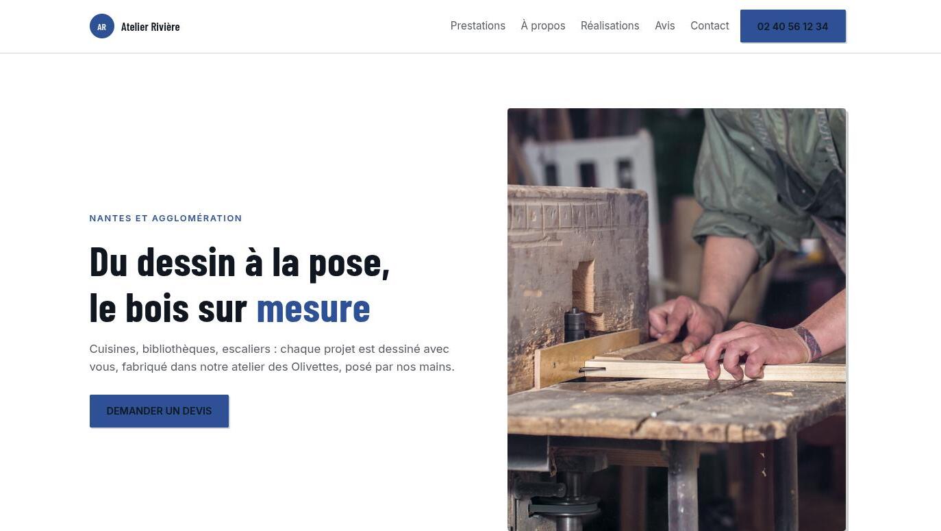 Site généré pour une menuiserie : photo d’un atelier, réalisations et demande de devis